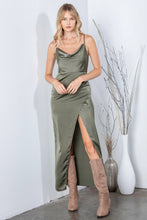 Load image into Gallery viewer, The Evelyn Maxi Satin Dress in Olive