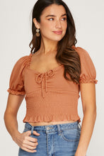 Load image into Gallery viewer, Elena Short Knit Smocked Top in Coral
