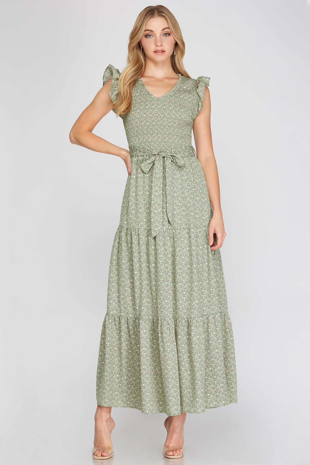 Florence Woven Print Maxi Dress in Sage